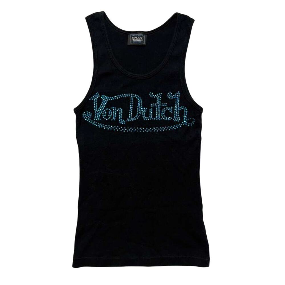 VTG Y2K Von Dutch Sleeveless Ribbed Rhinestone Tank Top S Black